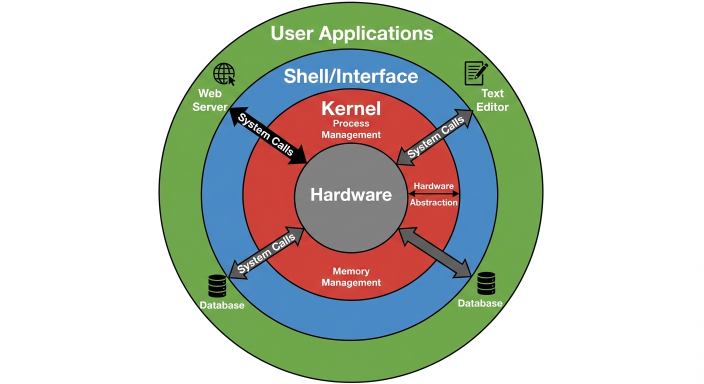 A layered diagram illustrating the Linux System Architecture. The diagram should be concentric circl...