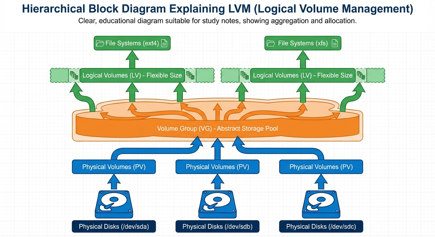 A hierarchical block diagram explaining LVM (Logical Volume Management). At the bottom, show three h...