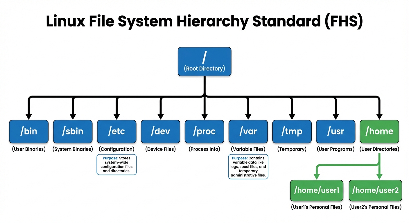 A detailed block diagram illustrating the Linux File System Hierarchy Standard (FHS). The diagram sh...