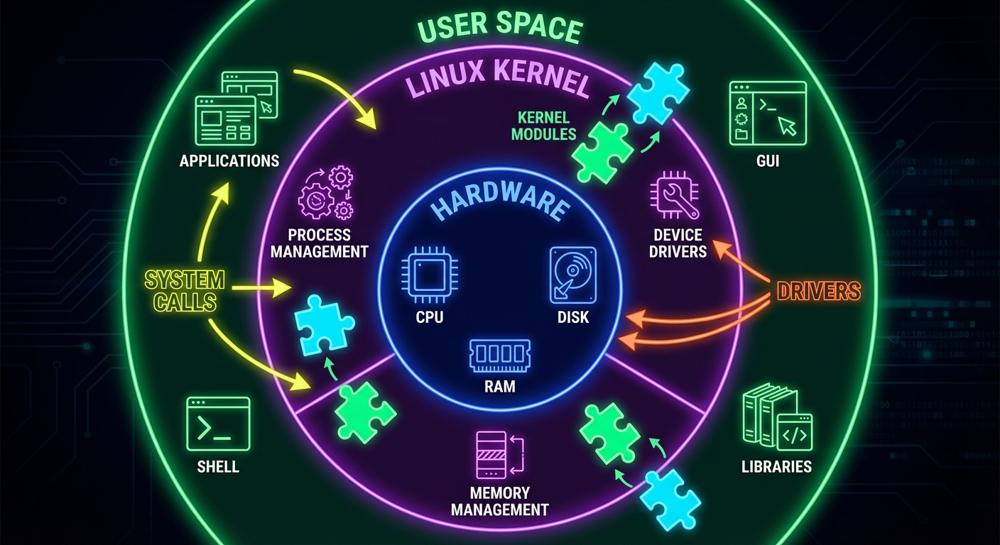 A conceptual diagram visualizing the Linux Kernel architecture compared to Hardware and User Space. ...