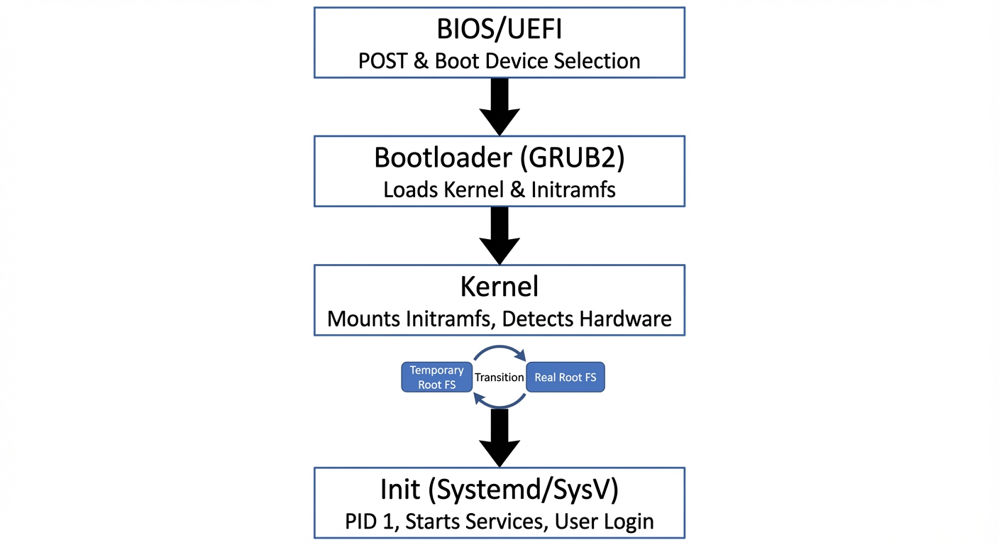 A vertical flowchart illustrating the detailed 4-step Linux Boot Process. Step 1: "BIOS/UEFI" box at...