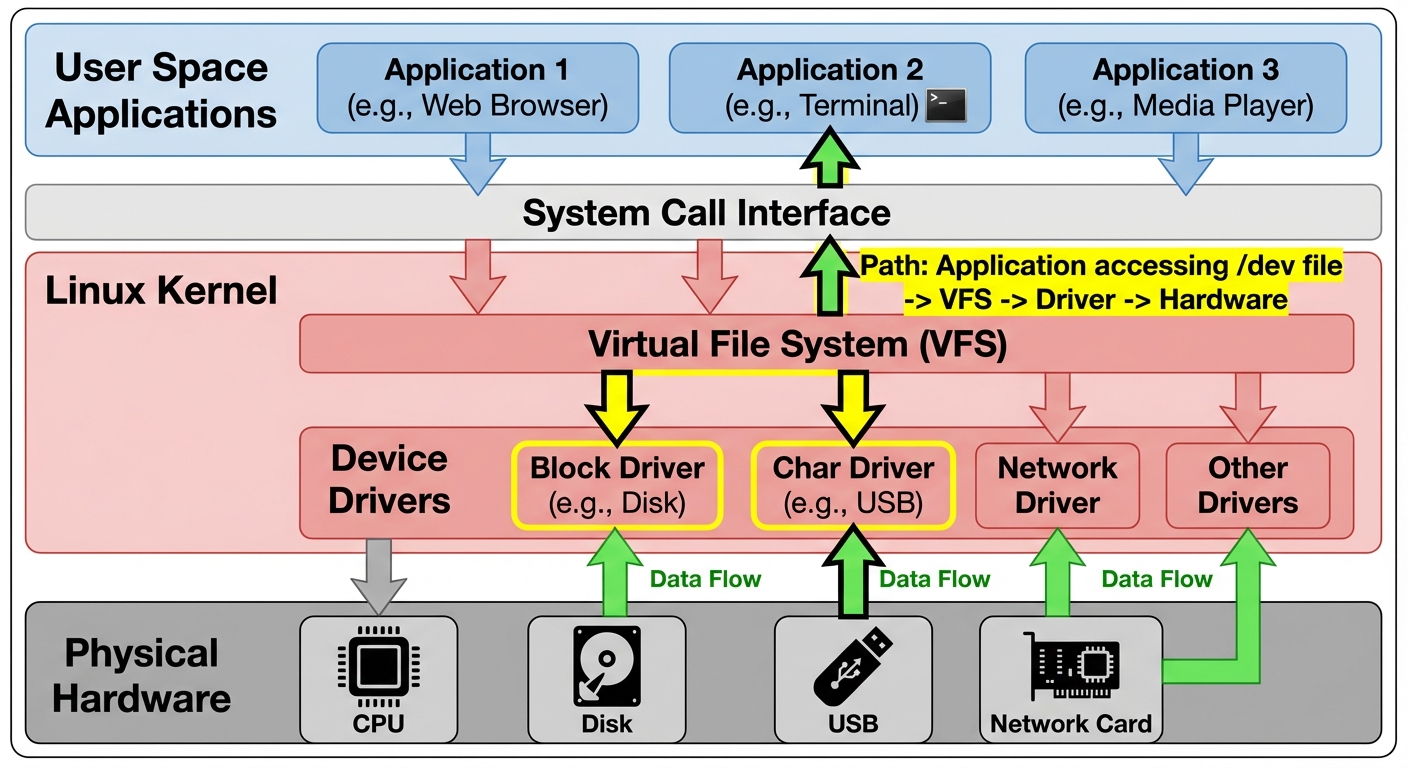 A layered architectural diagram showing the relationship between User Space, Kernel Space, and Hardw...