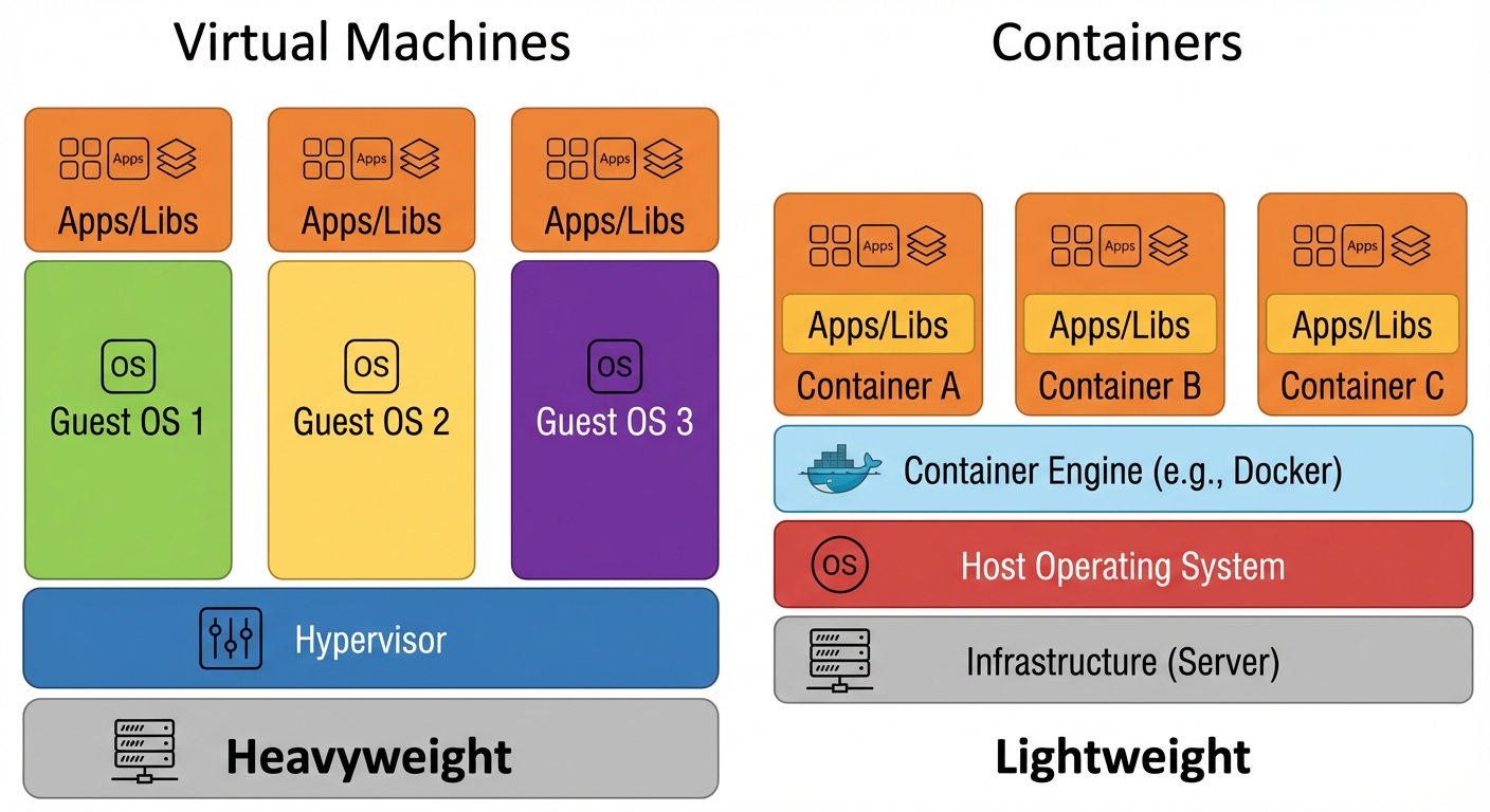 A diagram illustrating the difference between "Virtual Machines" and "Containers". The left side tit...
