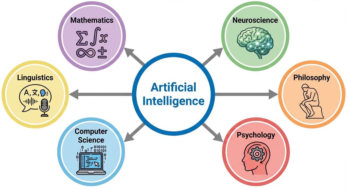 A circular Venn diagram or interconnected network diagram illustrating the multidisciplinary foundat...