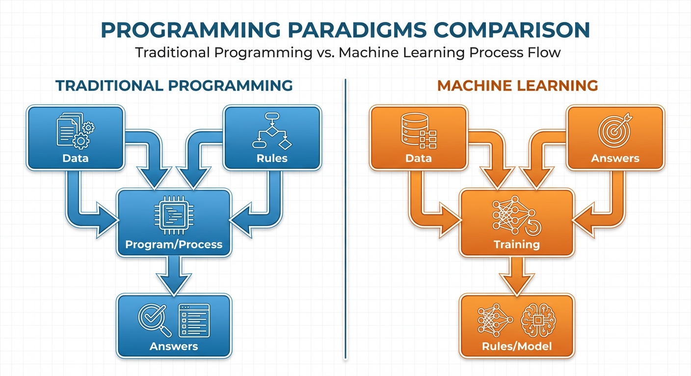 A comparison diagram split into two halves illustrating "Traditional Programming" vs. "Machine Learn...