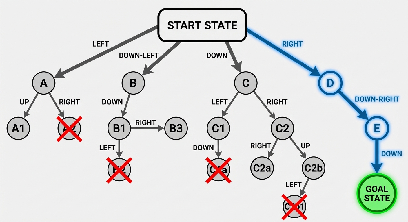 A diagram of a State Space Search Graph. Show a tree-like structure starting with a single root node...