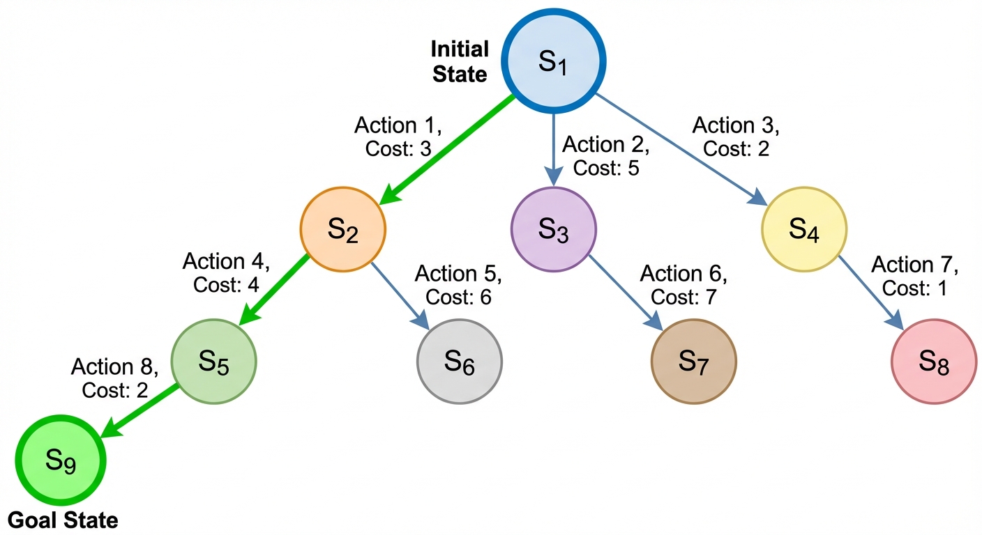 A detailed conceptual diagram of a State Space Search graph. The image should feature a root node la...