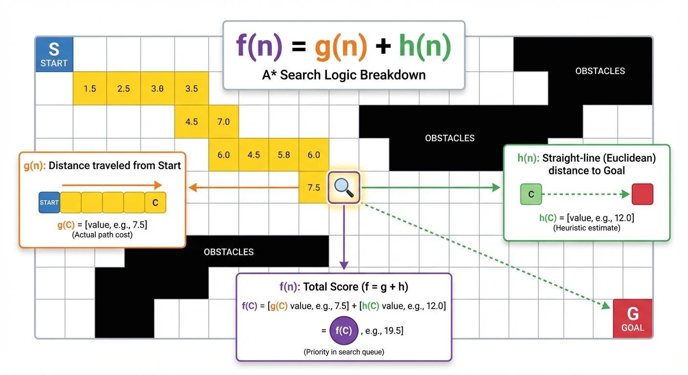 A comparative visualization of A* Search logic on a 2D grid map. The grid contains a "Start" cell (b...