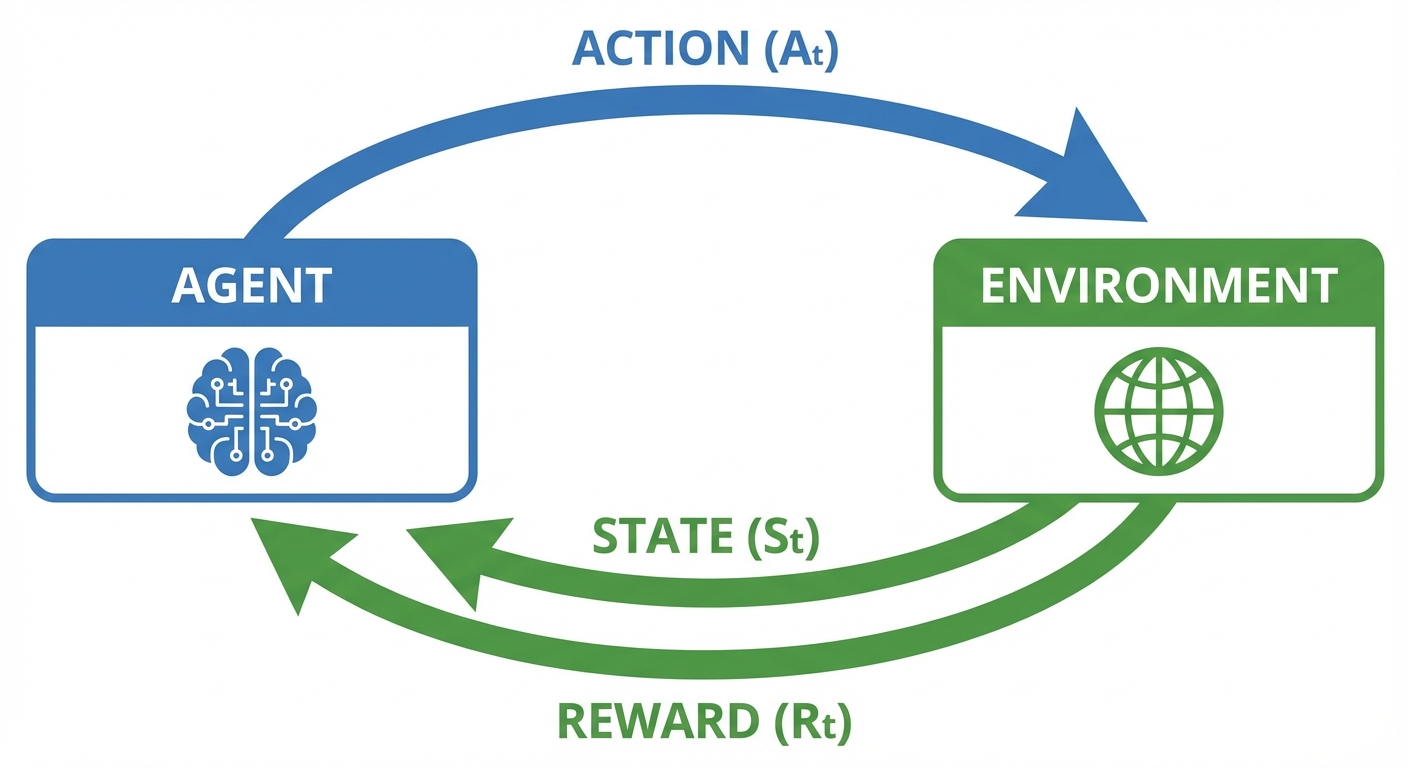 A block diagram illustrating the Reinforcement Learning Feedback Loop. On the left is a box labeled ...