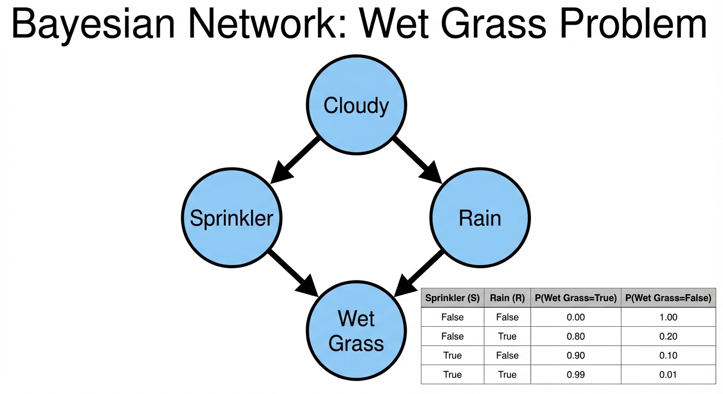 A Directed Acyclic Graph (DAG) representing a classic Bayesian Network for the "Wet Grass" problem. ...