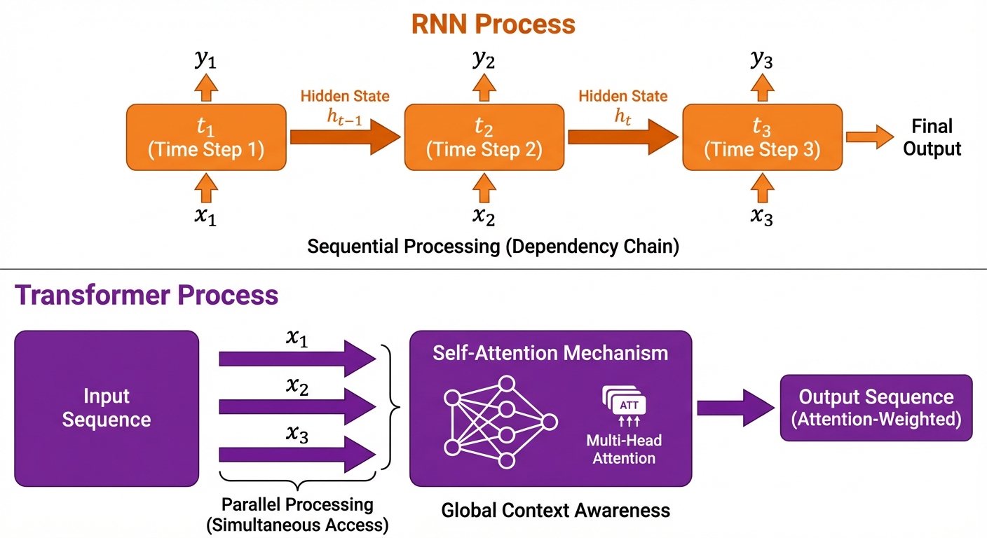 A comparative block diagram illustrating the difference between RNN and Transformer data flows. Top ...
