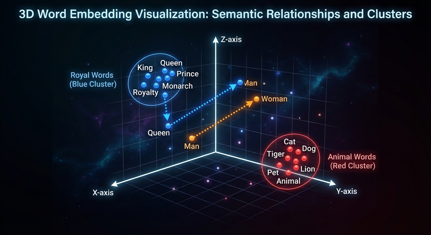 A 3D scatter plot visualization of Word Embeddings. The diagram should show a 3D coordinate system (...
