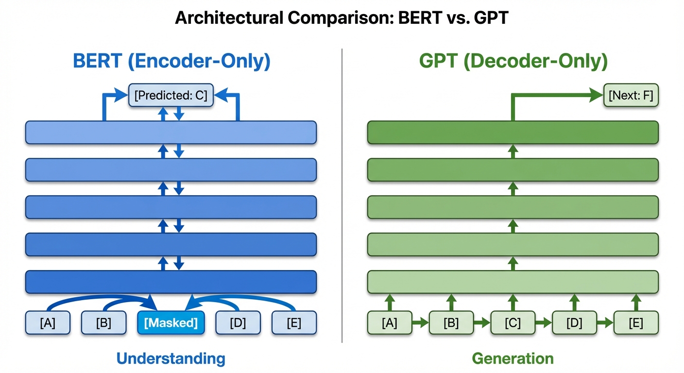 A structural diagram comparing BERT and GPT architectures side-by-side. Left side labeled "BERT (Enc...