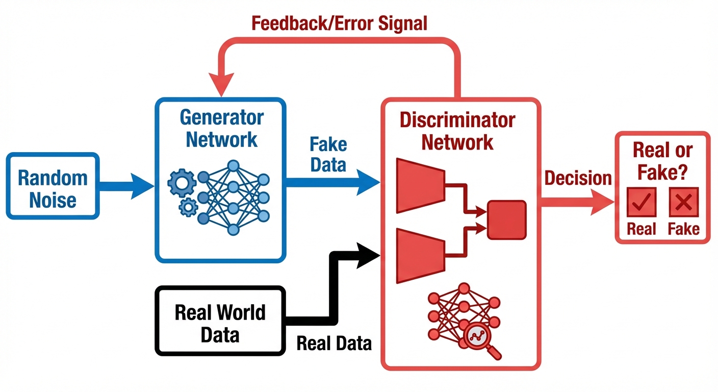 A block diagram illustrating the architecture of a Generative Adversarial Network (GAN). On the left...
