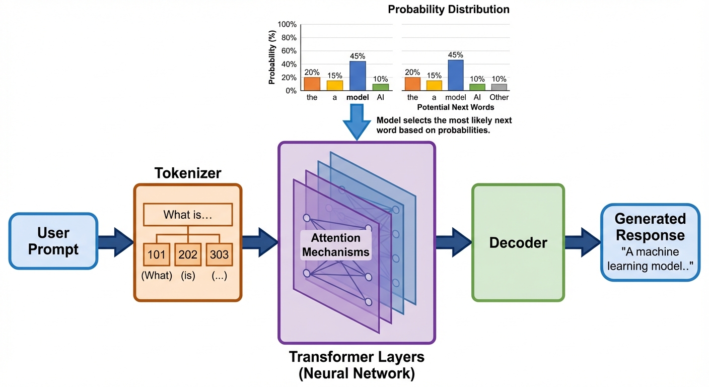 A conceptual diagram showing the flow of a prompt through a Large Language Model. Left side: Input b...