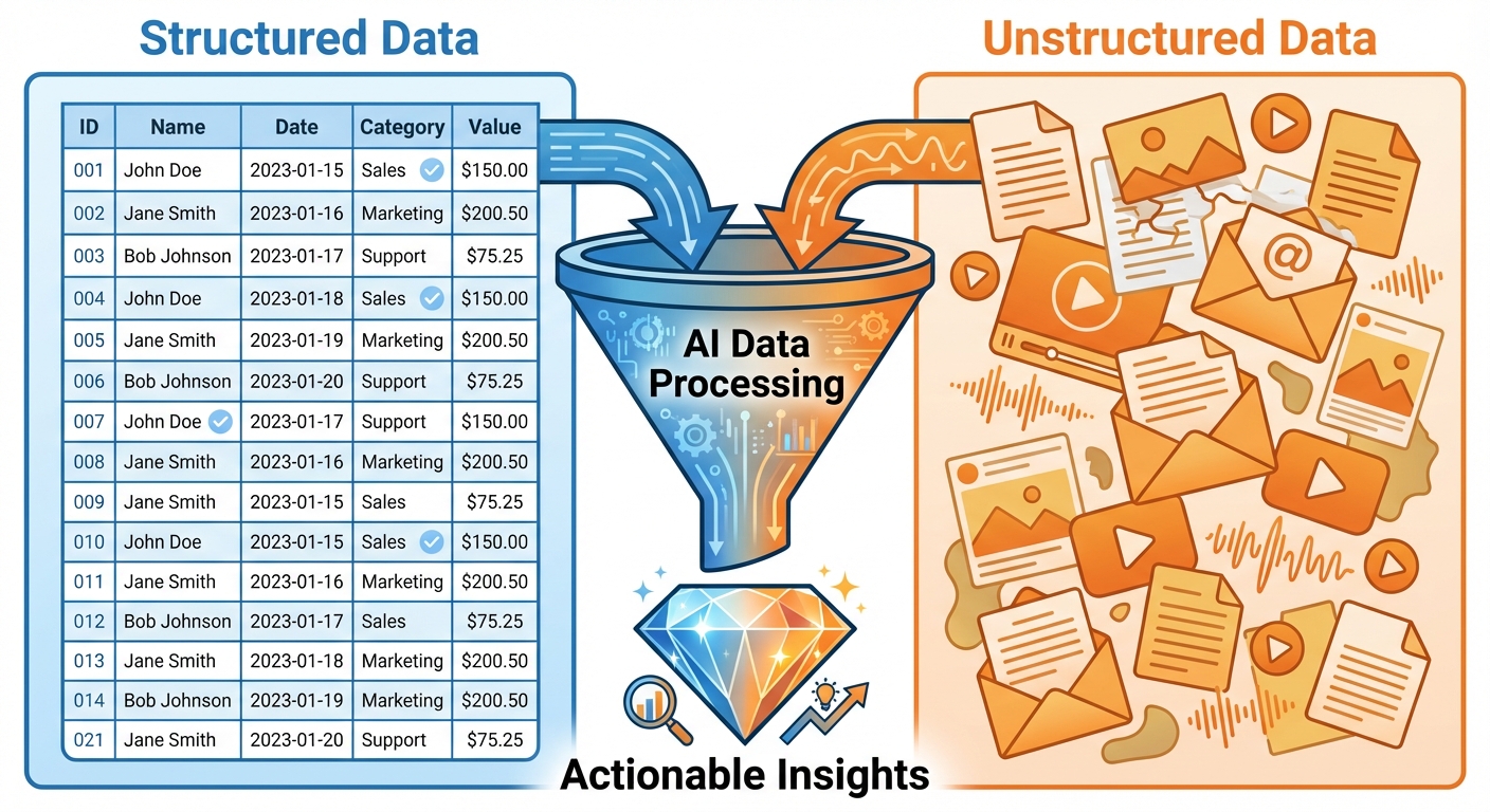 A split-screen diagram comparing Structured vs. Unstructured Data. The left side is labeled "Structu...