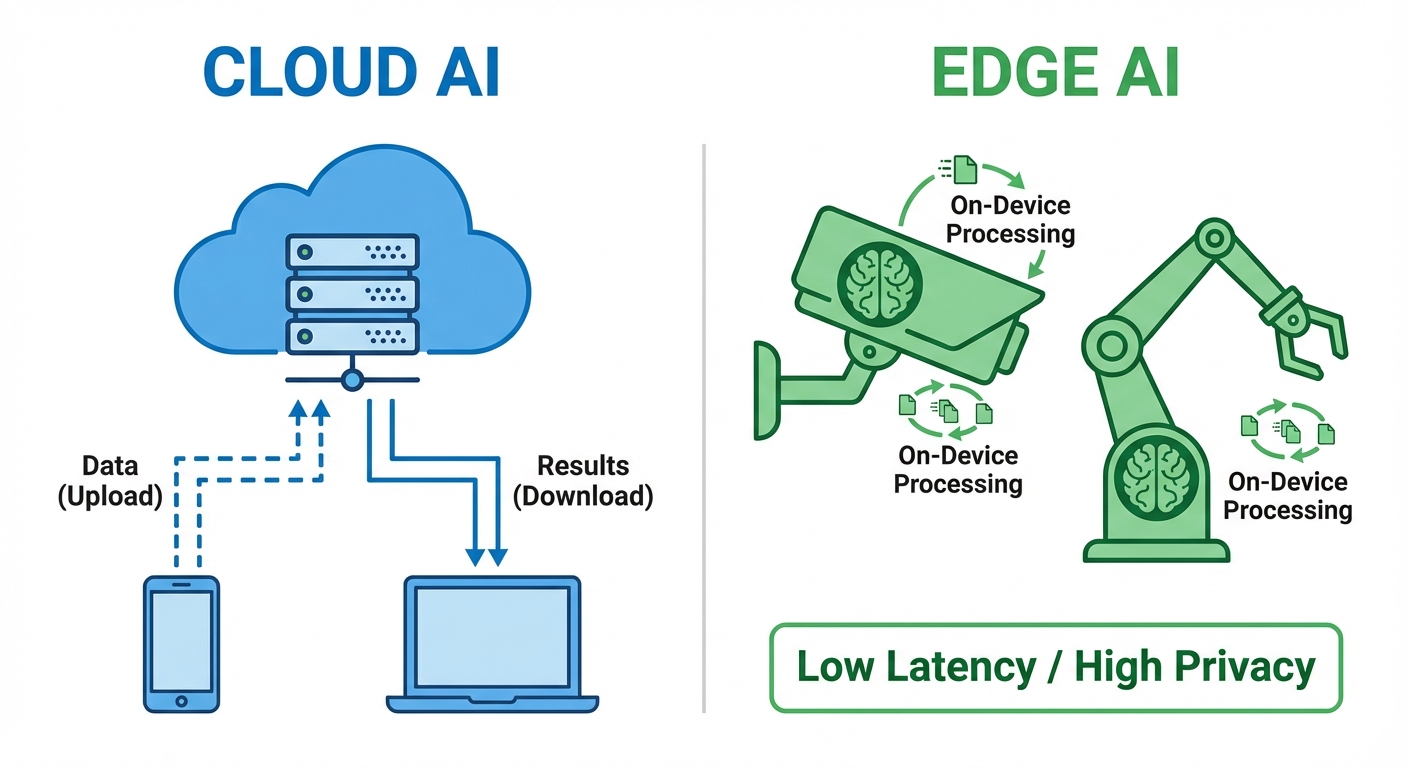 A comparison diagram illustrating Cloud AI vs. Edge AI. The left side shows a "Cloud AI" setup: seve...
