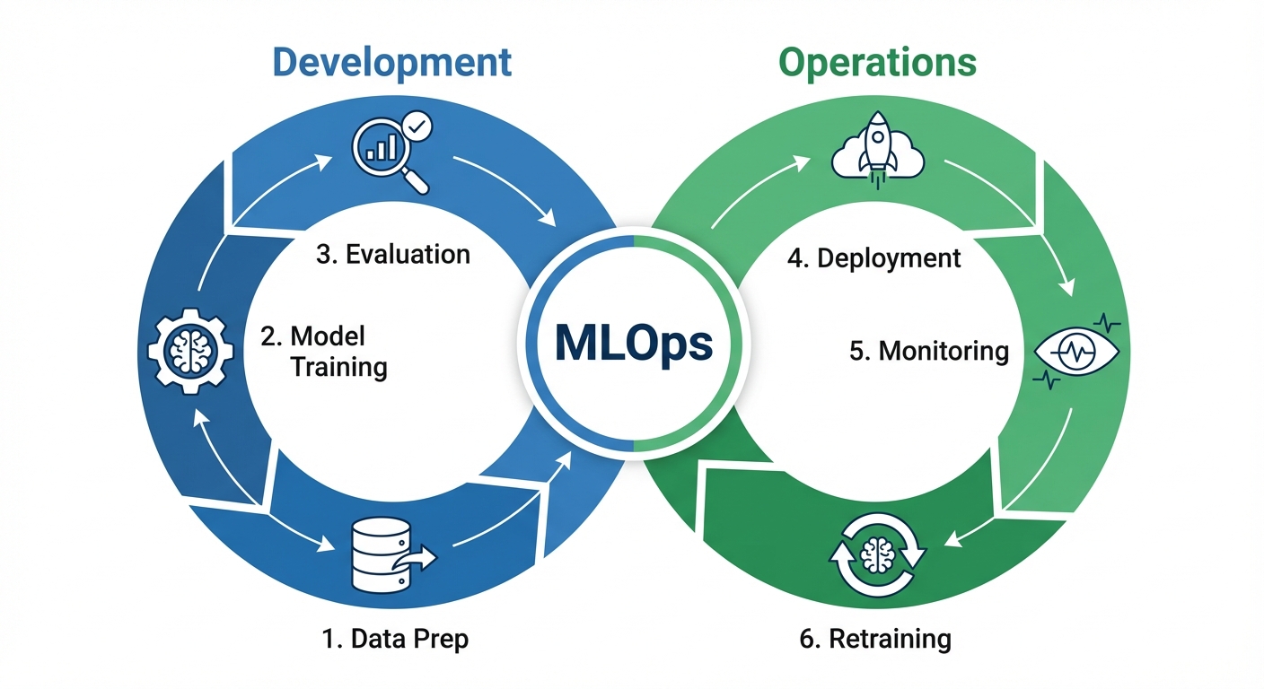 A circular infinity-loop diagram representing the MLOps Lifecycle. The loop is divided into two main...