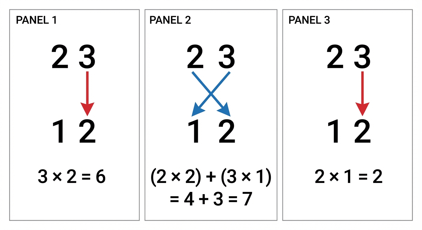 A step-by-step diagram illustrating the "Criss-Cross" multiplication method for two 2-digit numbers ...