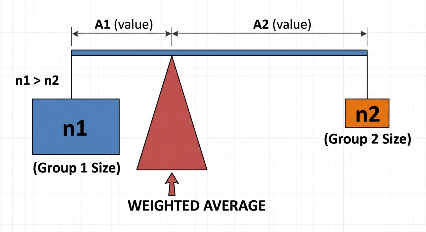 A conceptual illustration of Weighted Average using a beam balance scale. On the left side of the fu...