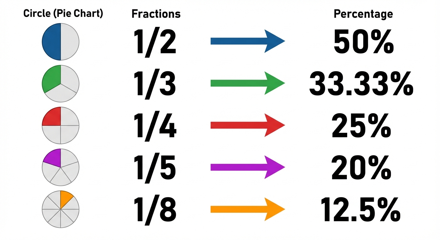 A detailed reference chart and visualization showing the conversion between circles (pie charts), fr...