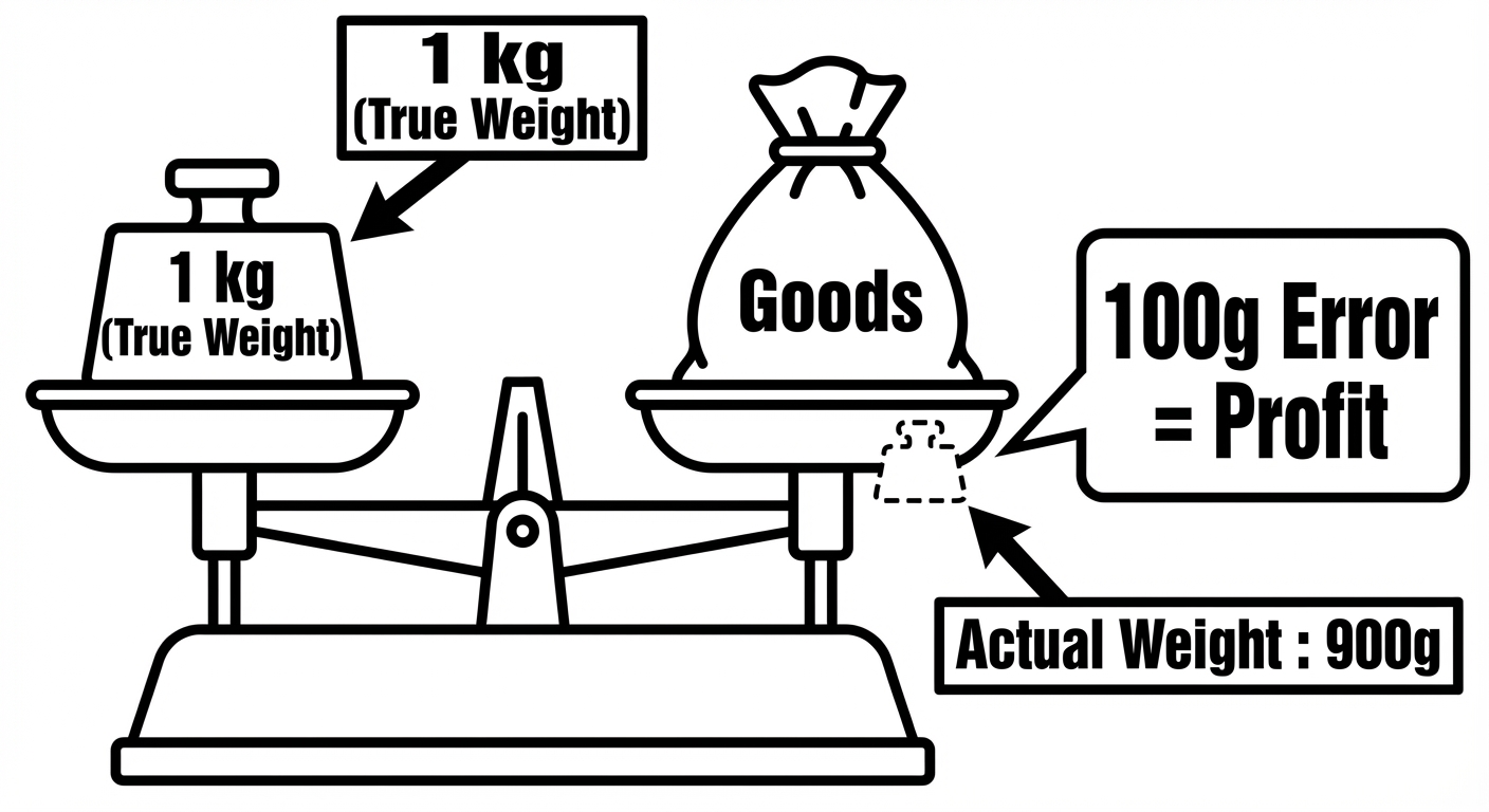 A schematic diagram illustrating the "Dishonest Dealer" concept using an old-fashioned balance scale...