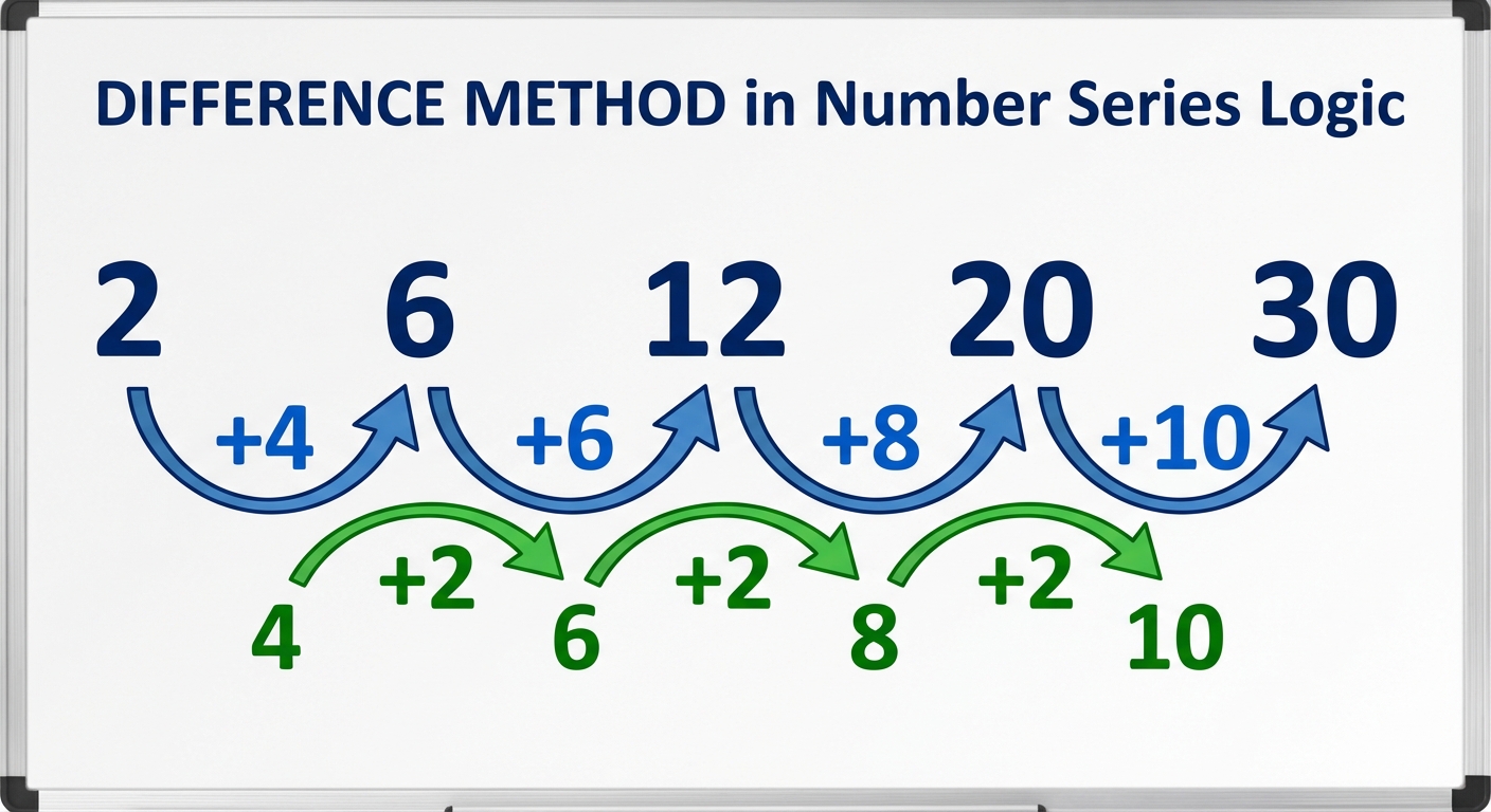 An educational diagram illustrating the "Difference Method" in Number Series logic. Show a series of...