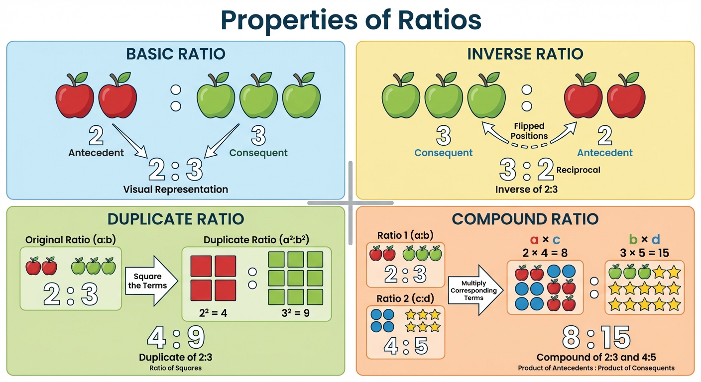 A comprehensive infographics sheet titled "Properties of Ratios". The layout should be divided into ...