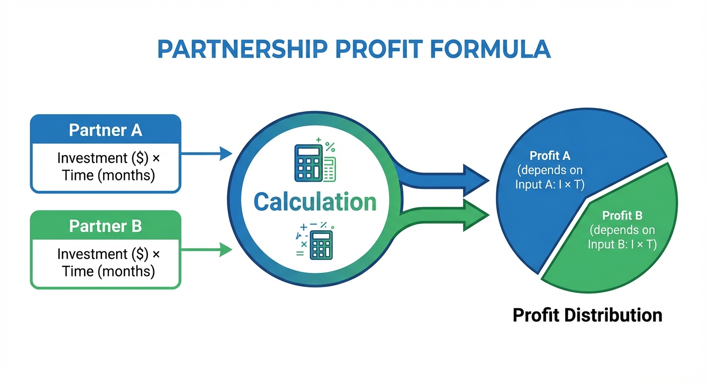 A conceptual block diagram illustrating the "Partnership Profit Formula". On the left, two input str...