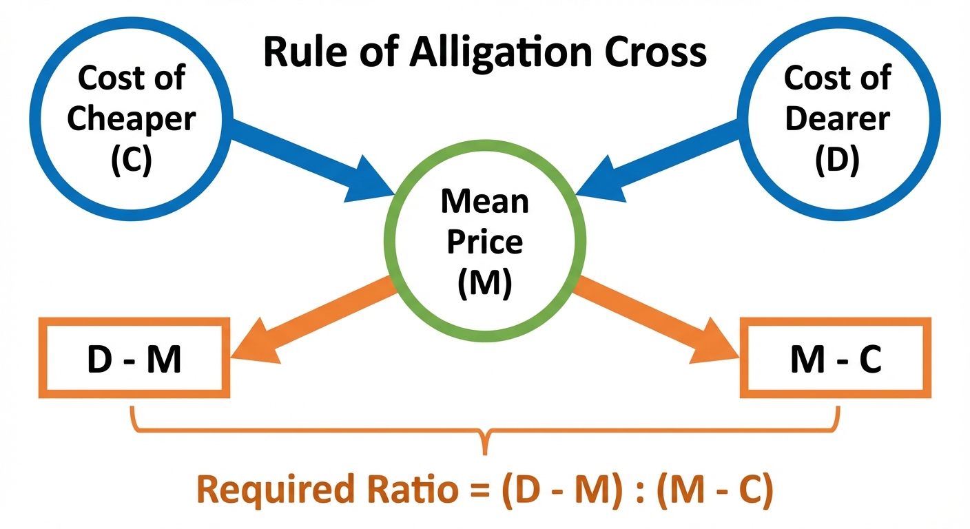 A clean, educational diagram of the "Rule of Alligation Cross". Top left circle contains text "Cost ...