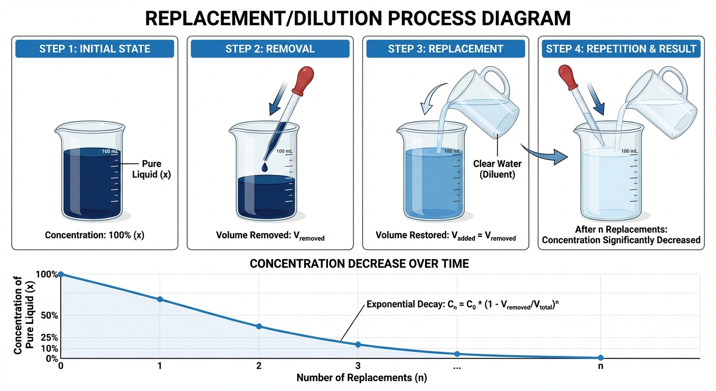 A step-by-step visual sequence showing the "Replacement/Dilution Process". Panel 1: A beaker filled ...