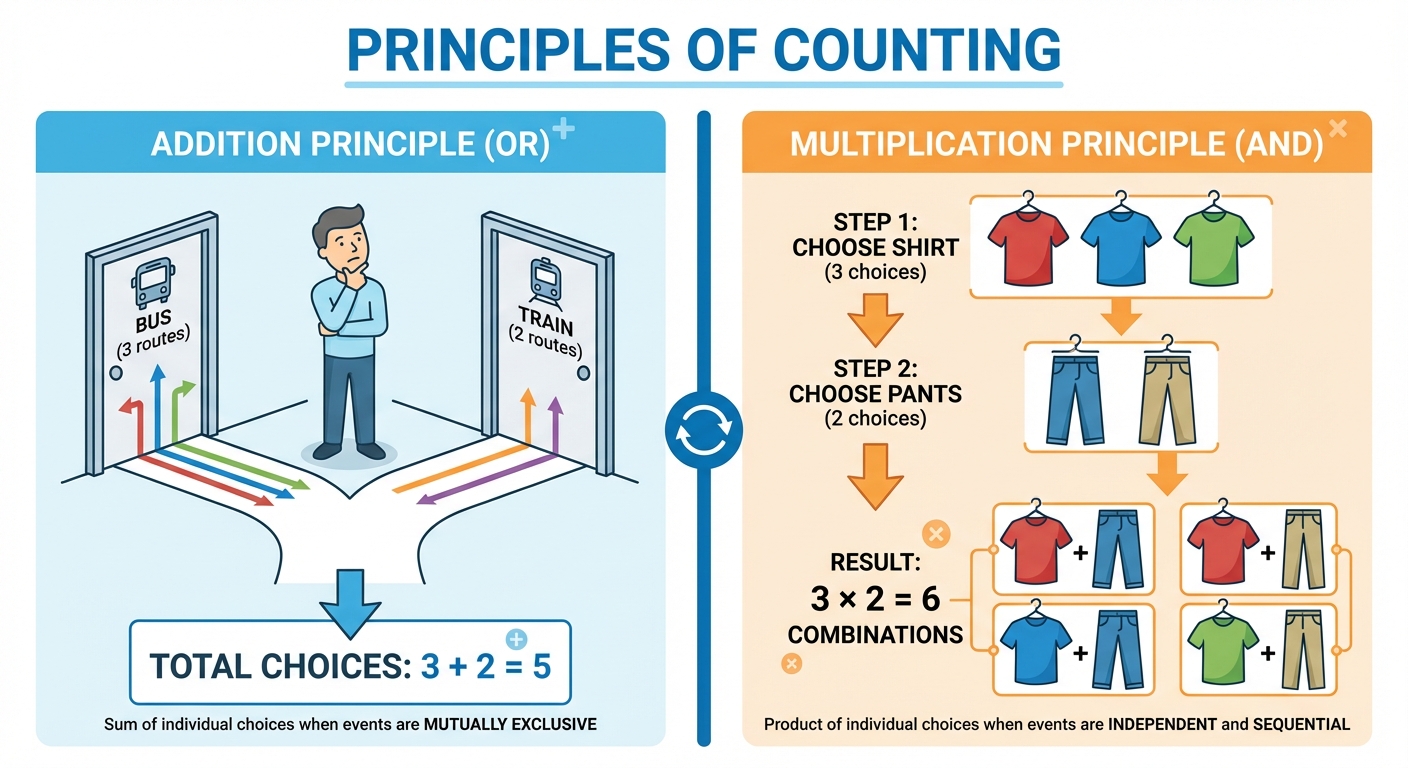 A split-screen comparison diagram illustrating the Principles of Counting. The left side is titled "...