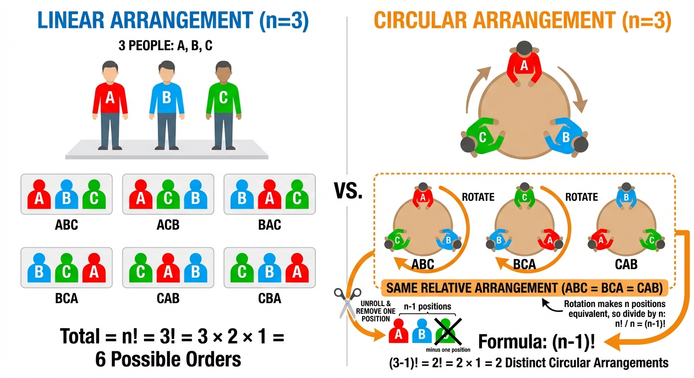 A conceptual diagram illustrating Circular Permutation vs Linear Permutation. The top section shows ...