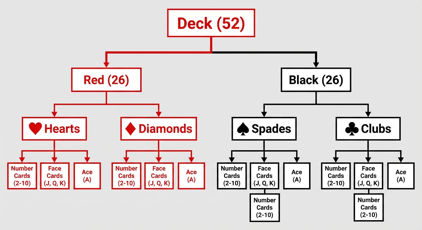 A comprehensive hierarchical tree diagram of a standard deck of 52 playing cards. The root node is "...