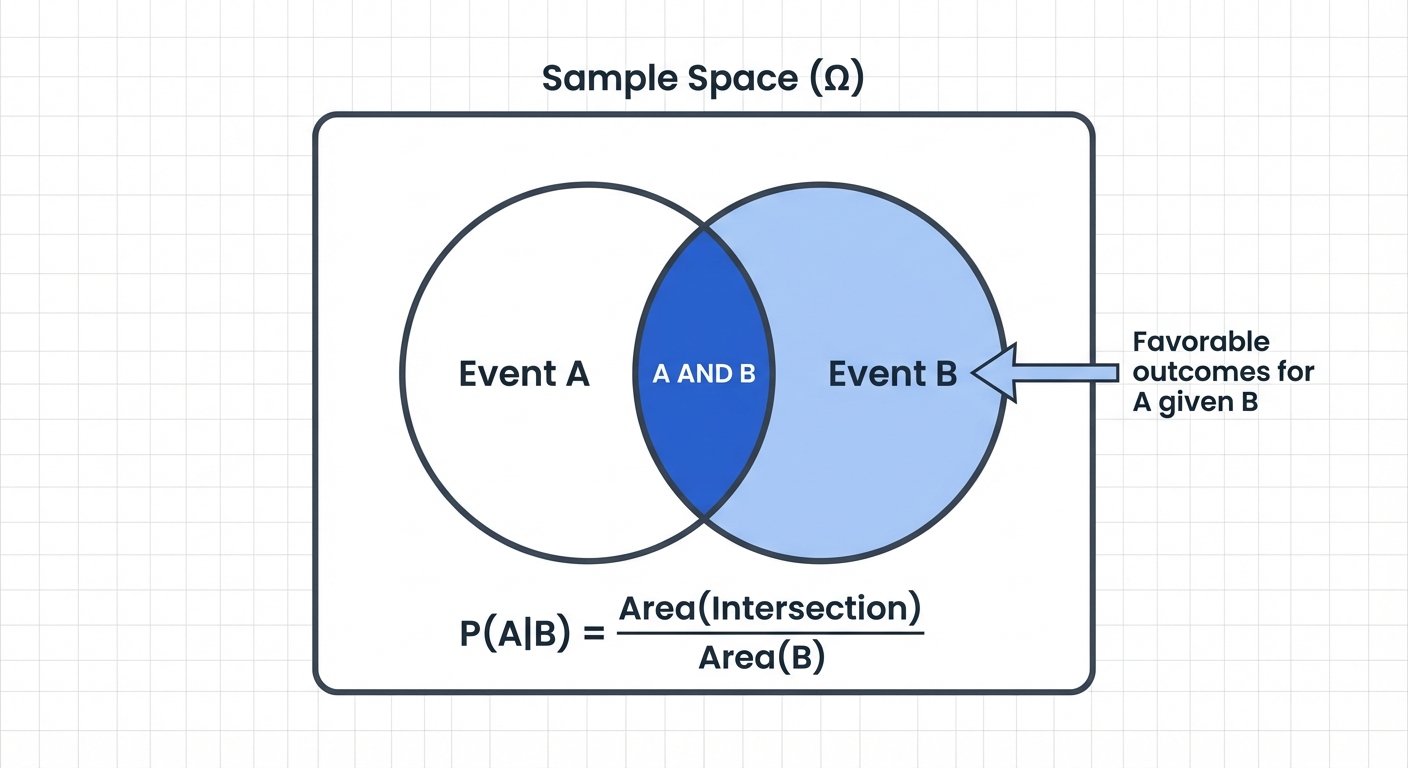 A Venn diagram visualization of Conditional Probability P(A|B). There are two intersecting circles l...