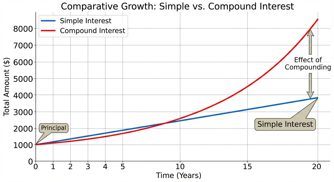 A comparative line graph visualizing the growth of money over time (1 to 20 years) for Simple Intere...
