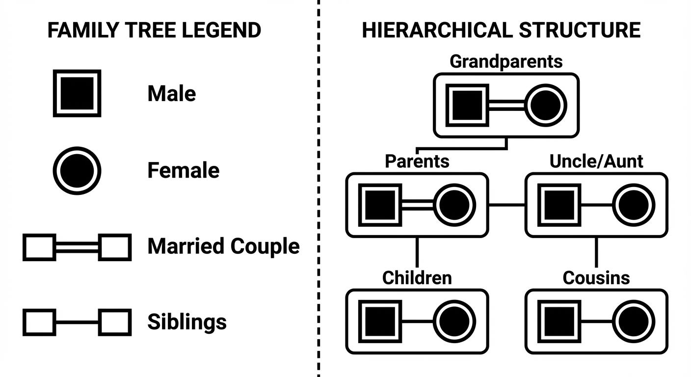 A conceptual diagram illustrating a standard 'Family Tree Legend' and structure for solving blood re...