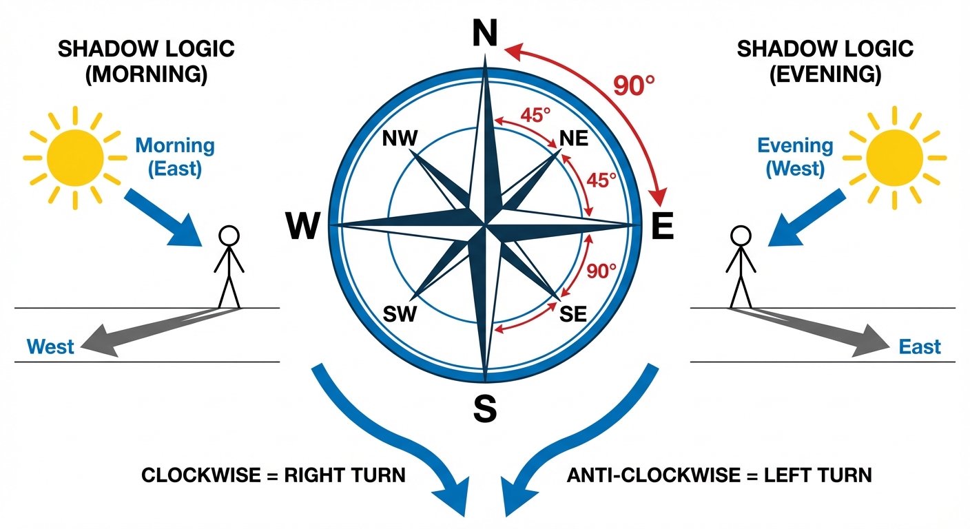 A comprehensive 'Direction and Angles' diagram. The center features a compass rose with 8 points (N,...
